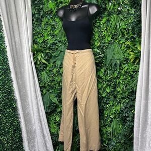 HAVANA Pants Medium Tan Linen Wide Leg Drawstring Waist Relaxed 3432‎